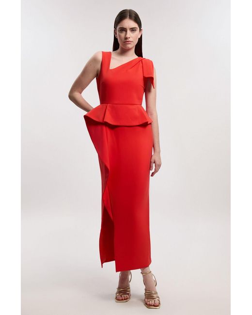 Karen Millen Red Compact Stretch Ruffle Peplum Belted Pencil Midi Dress