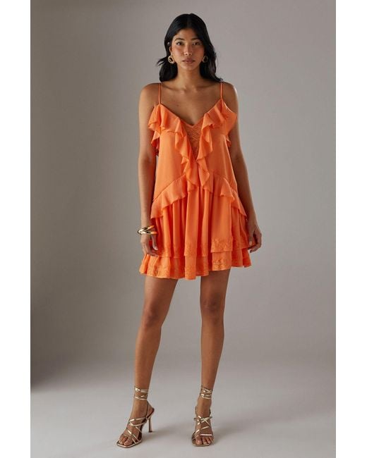 Warehouse Orange Chiffon Strappy Lace Insert Smock Mini Dress