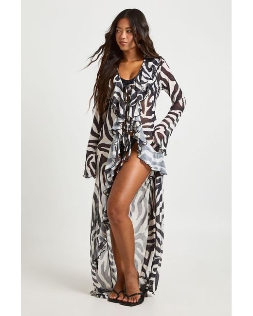 Boohoo Multicolor Zebra Print Ruffle Detail Mesh Maxi Beach Kimono