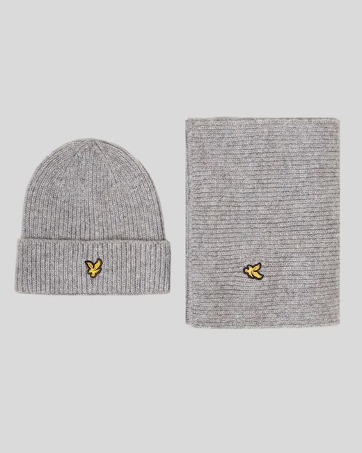 Lyle & Scott Gray Brushed Scarf And Beanie Set for men