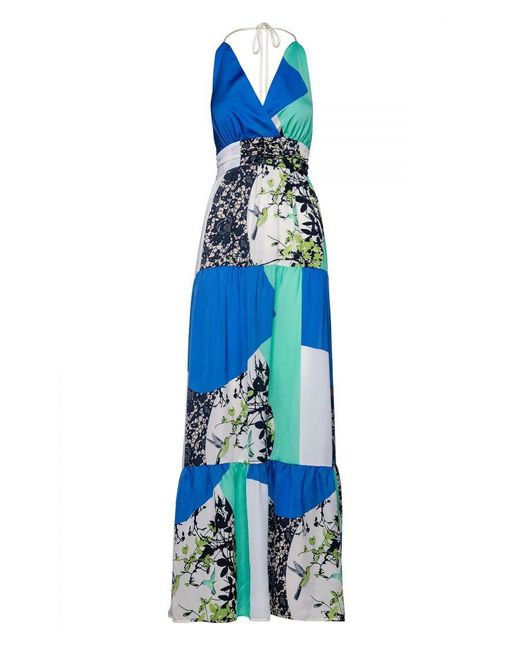 Conquista Blue Maxi Empire Line Patchwork Dress