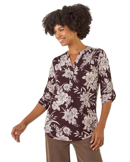 Roman Red Floral Puff Print Stretch Shirt