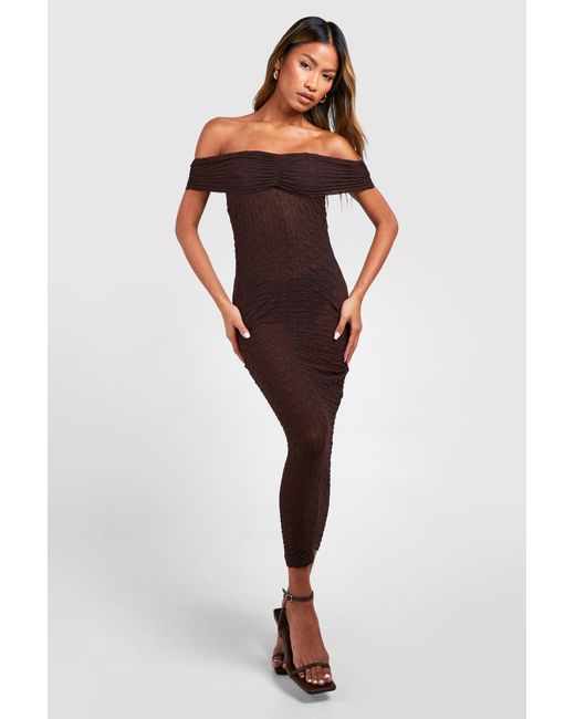 Boohoo Brown Bardot Ruched Textured Midaxi Dress