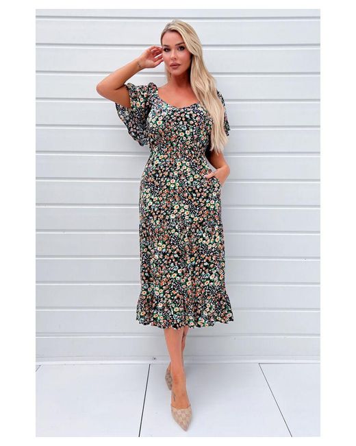 AX Paris Multicolor Multi Ditsy Printed Flutter Sleeve Midi Dress