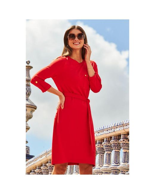 Sosandar Red Pocket Detail Belted Shift Dress