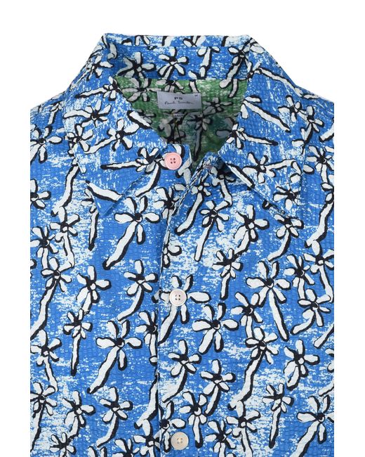 Paul Smith Blue Casual Fit Floral Seersucker Shirt Light Cotton for men