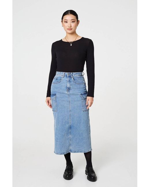 Izabel London Blue Denim High Waist Midi Cargo Skirt