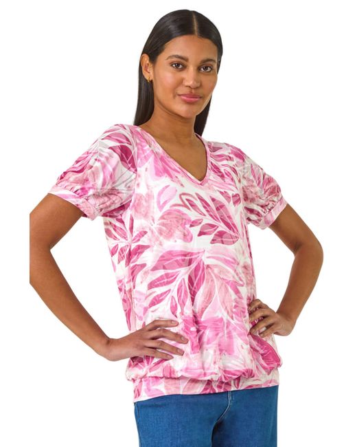 Roman Pink Floral Print Burnout V-Neck Top