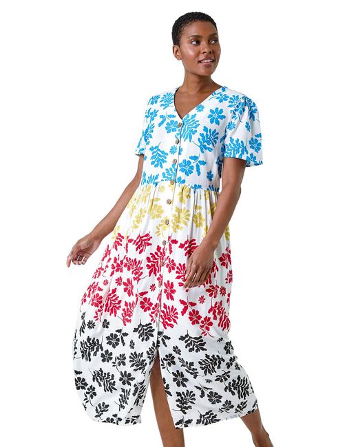 Roman White Colourblock Floral Button Tiered Dress