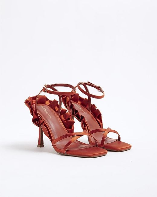 River Island Red Heeled Sandals Satin Ruffle Pu