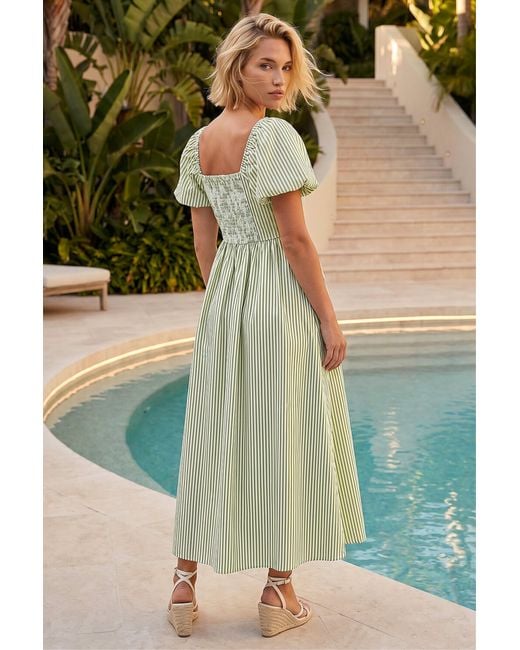 Roman Green Stripe Puff Sleeve Midi Dress