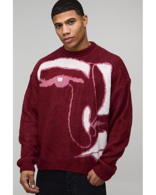 BoohooMAN Red Oversized Boxy Brushed Abstract Face Knitted Jumper for men