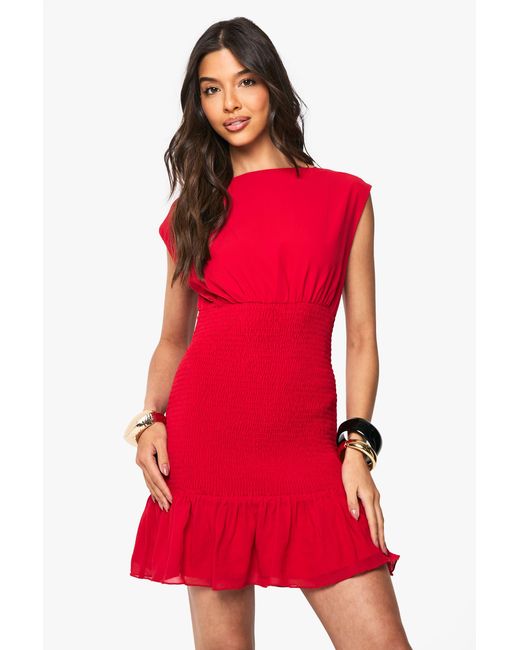 Boohoo Shirred Waist Ruffle Hem Mini Dress