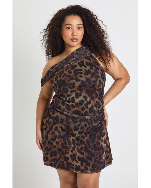 Boohoo Brown Plus Leopard Asymmetric Mesh Mini Dress