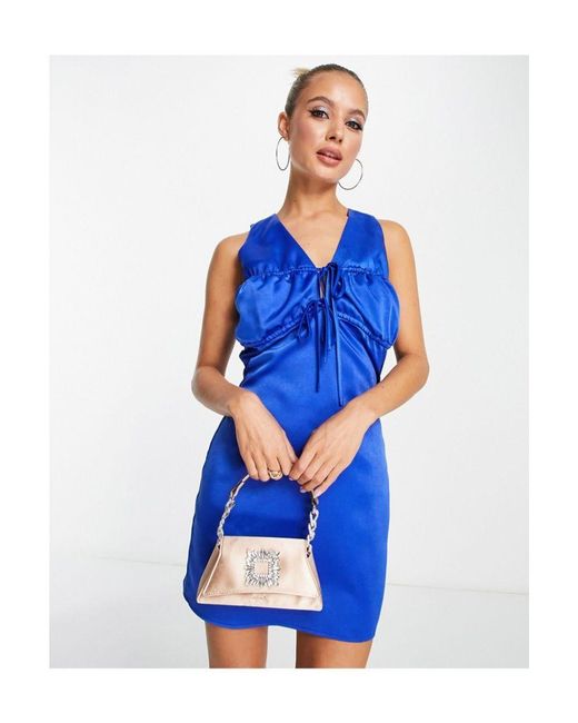Lola May Blue Satin Mini Dress With Ruched Front