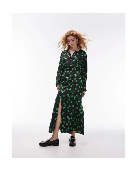TOPSHOP Green Zip Through Printed Floral Shirt Dress