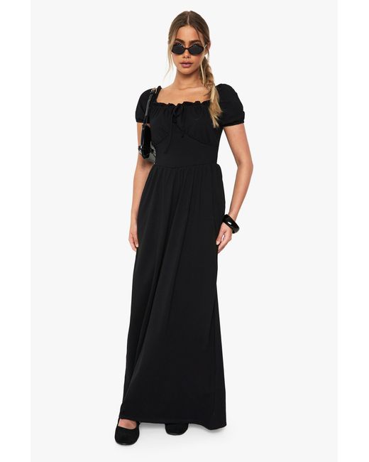 Boohoo Black Cotton Puff Sleeve Milkmaid Dress