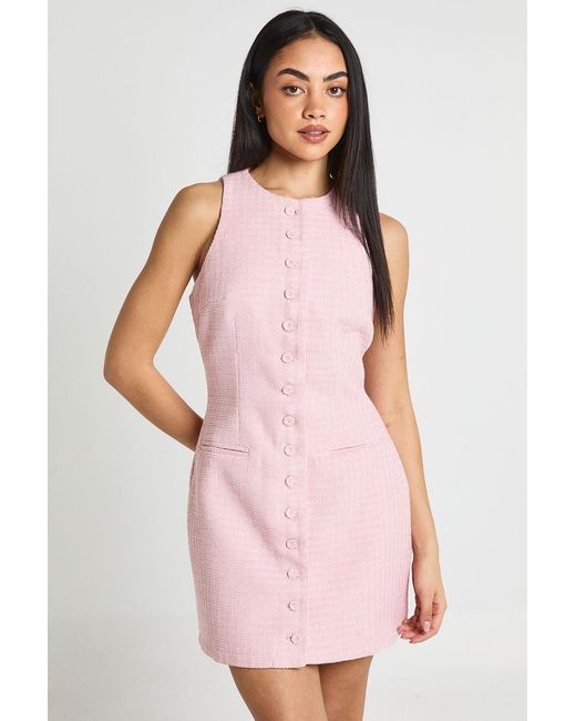 Boohoo Pink Button Front Boucle Tailored Mini Dress