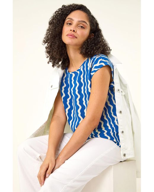 Roman Blue Abstract Wave Print Shell Top
