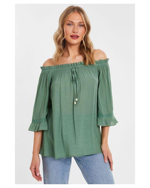 Quiz Green Khaki Textured Bardot Top