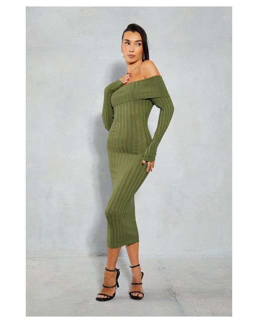 MissPap Green Knitted Wide Ribbed Folded Bardot Midaxi Dress