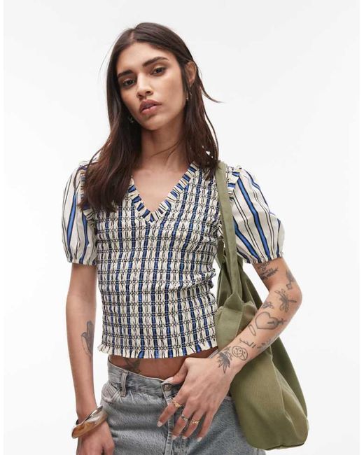 TOPSHOP Gray V Neck Puff Sleeve Shirred Top