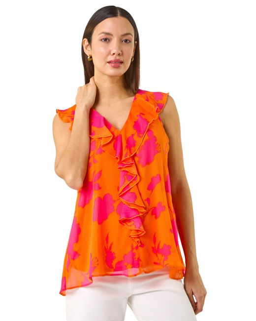Roman Orange Tropical Print Ruffle Vest Top
