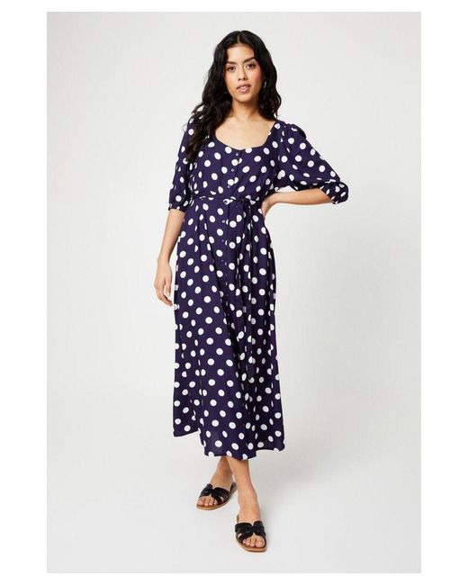 Dorothy Perkins Blue Petite Spot Button Through Midi Dress Viscose