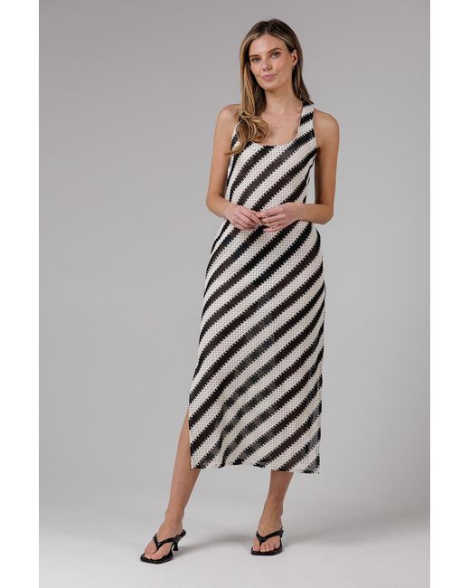 French Connection Gray Cotton Blend Stripe Crochet Scoop Neck Tie Back Midi Dress