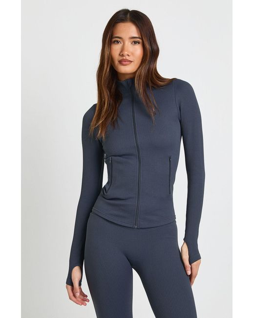 Boohoo Blue Contour Ribbed Zip Through Active Jacket