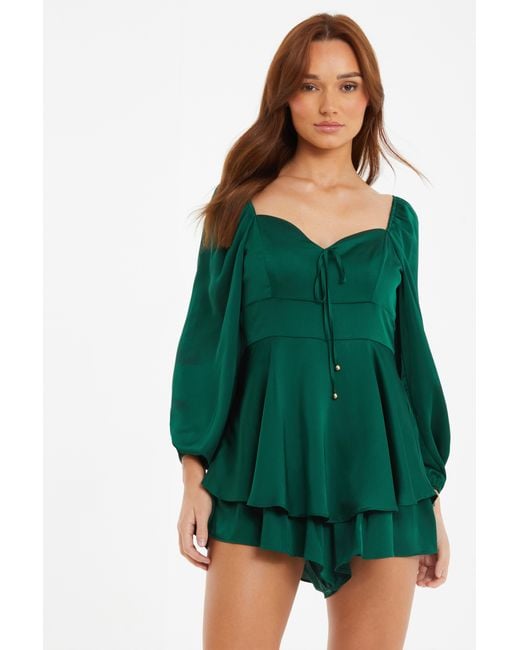 Quiz Green Bottle Satin Long Sleeve Playsuit