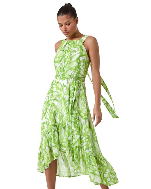 Roman Green Halter Neck Butterfly Print Asymmetric Dress