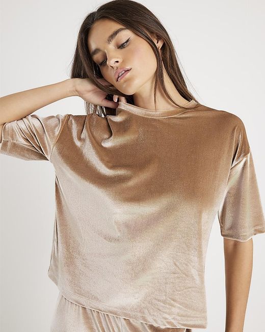 River Island Natural T-Shirt Velvet Short Sleeve Boxy