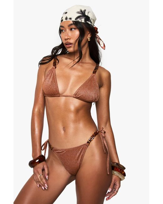 Boohoo Brown Premium Swim Chain Strap Glitter Tie Side Bikini Brief