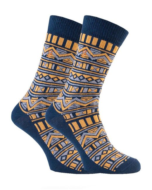 Farah Blue 2 Pairs Funky Vintage Patterned Colourful Thick Cotton Crew Socks for men