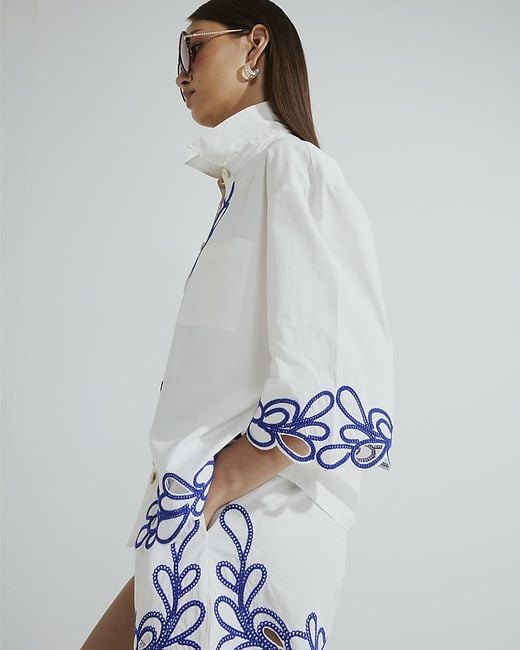 River Island White Shirt Boxy Fit Cornelli Embroidered Cotton