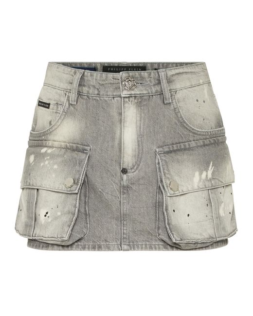 Philipp Plein Denim Cargo Mini Skirt in het Gray