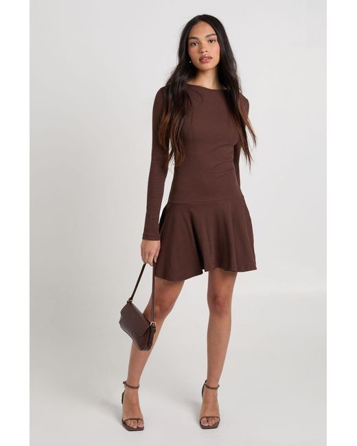 Boohoo Brown Rib Dropped Hem Skater Dress