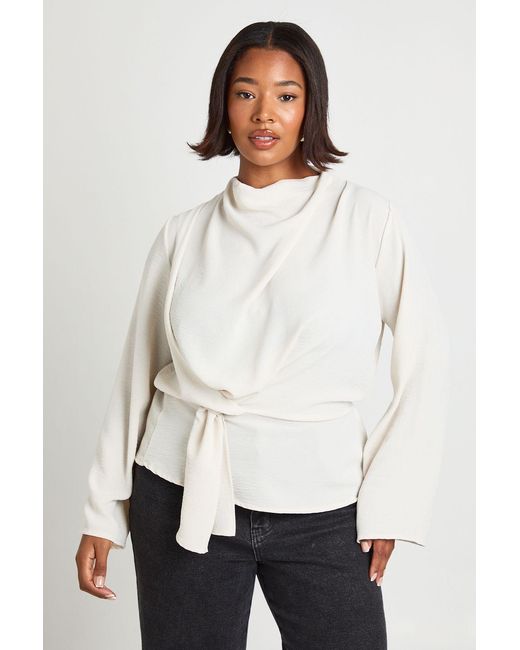 Boohoo White Plus Drape Knot Front Long Sleeve Cowl Blouse