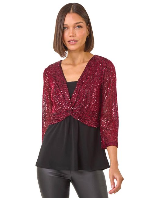 Roman Red Sequin Bodice V-Neck Stretch Top