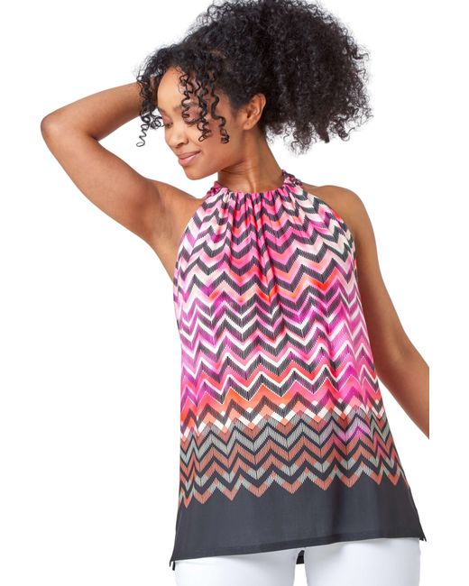Roman Petite Red Zig Zag Print Halterneck Top