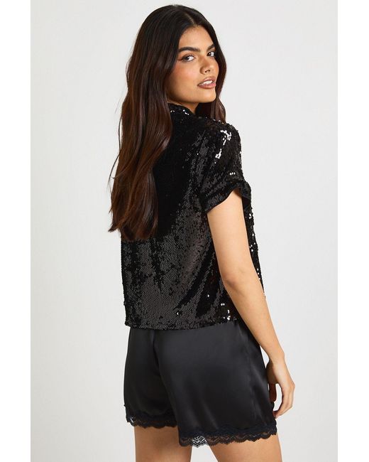 Boohoo Black Sequin Shoulder Pad Boxy Tee