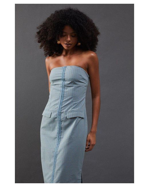 Warehouse Blue Check Hook & Eye Fitted Bandeau Midi Dress