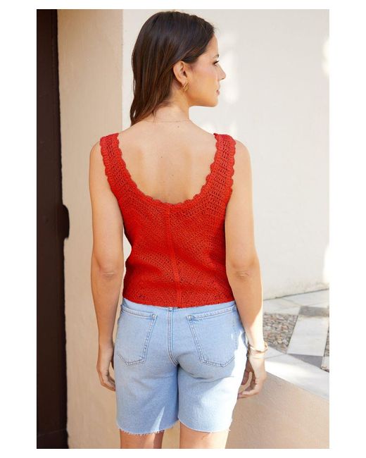 Threadbare Red 'Katrina' Mock Button Down Crochet Knitted Vest Denim