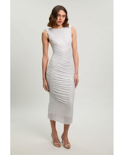 Karen Millen White Crystal Embellished Ruched Detail Sleeveless Midi Dress