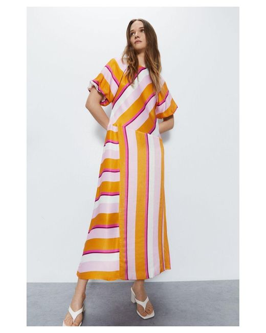 Warehouse Orange Satin Puff Sleeve Stripe Midi Dress Viscose