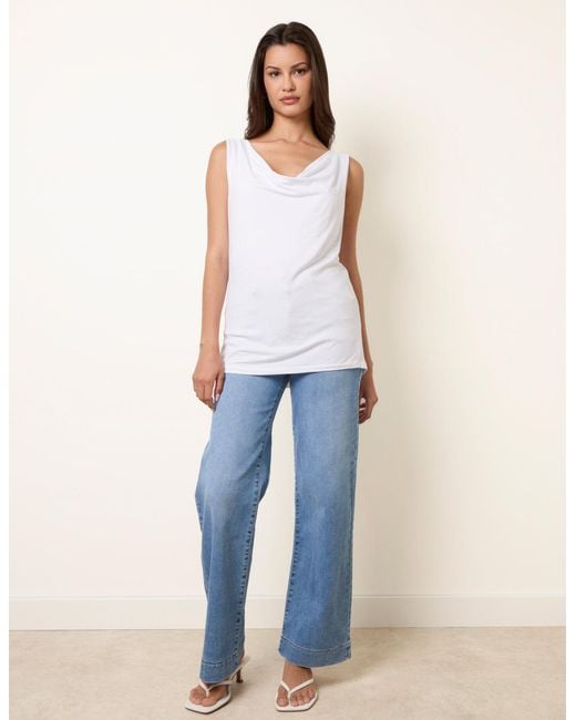 Blue Vanilla White Sleeveless Cowl Neck Viscose Jersey Top