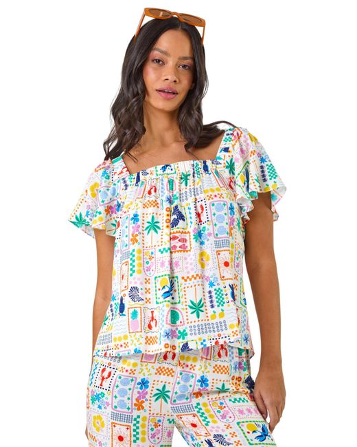 D.u.s.k Blue Patchwork Palm Ruffle Top