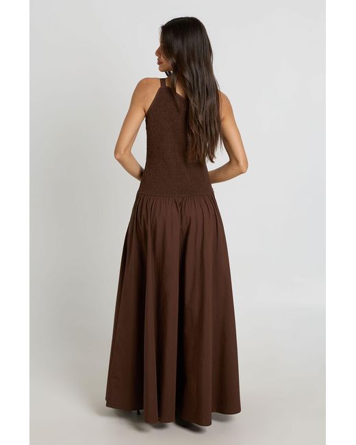 Boohoo Brown Shirred Bodice Poplin Maxi Dress With Asymmetric Neckline