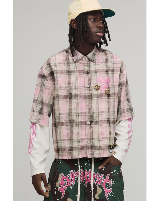 BoohooMAN Pink Oversized Boxy Distressed Check Faux Layer Shirt for men